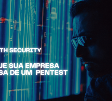 Homem olhando para uma tela digital com os dizeres "Eth Security" e "Por que sua empresa precisa de um Pentest"